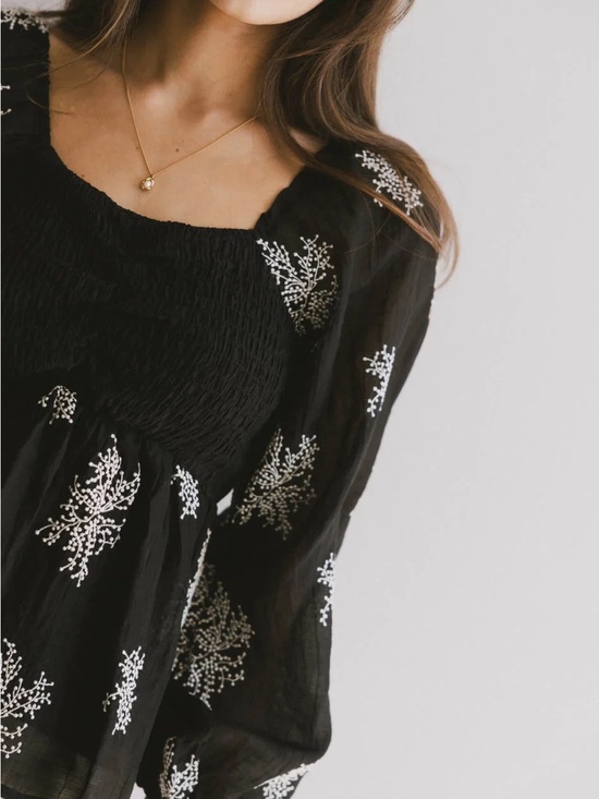 bohme Tops - bohme Black Blouse with Ivory Floral Embroidery